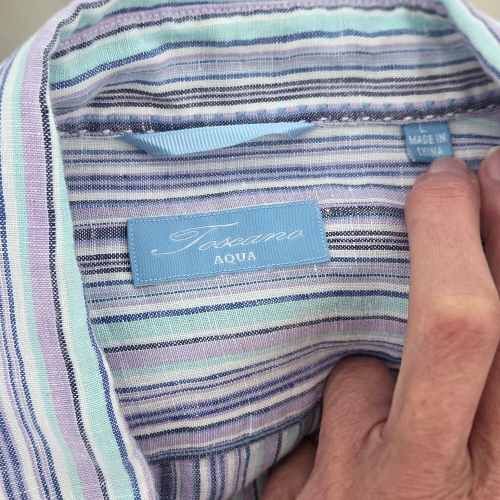 Toscano Untucked Shirt Men L Resort LS Striped Aqua Linen Contemporary Casual